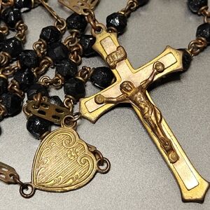 Vintage 40s Black Jet & Brass Rosary